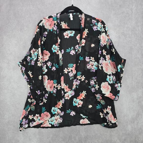 Xhilaration Black Floral Sheer Boho Flowy Beach Swim Cover Up Duster Kimono L/XL - Picture 1 of 7